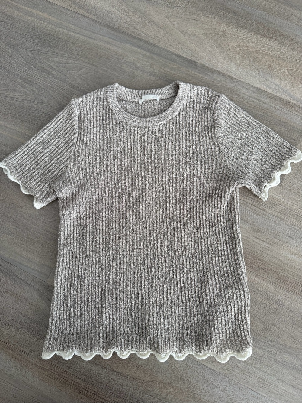 Zara Taupe Ribbed Short Sleeve Knit Top with Cream Trim
